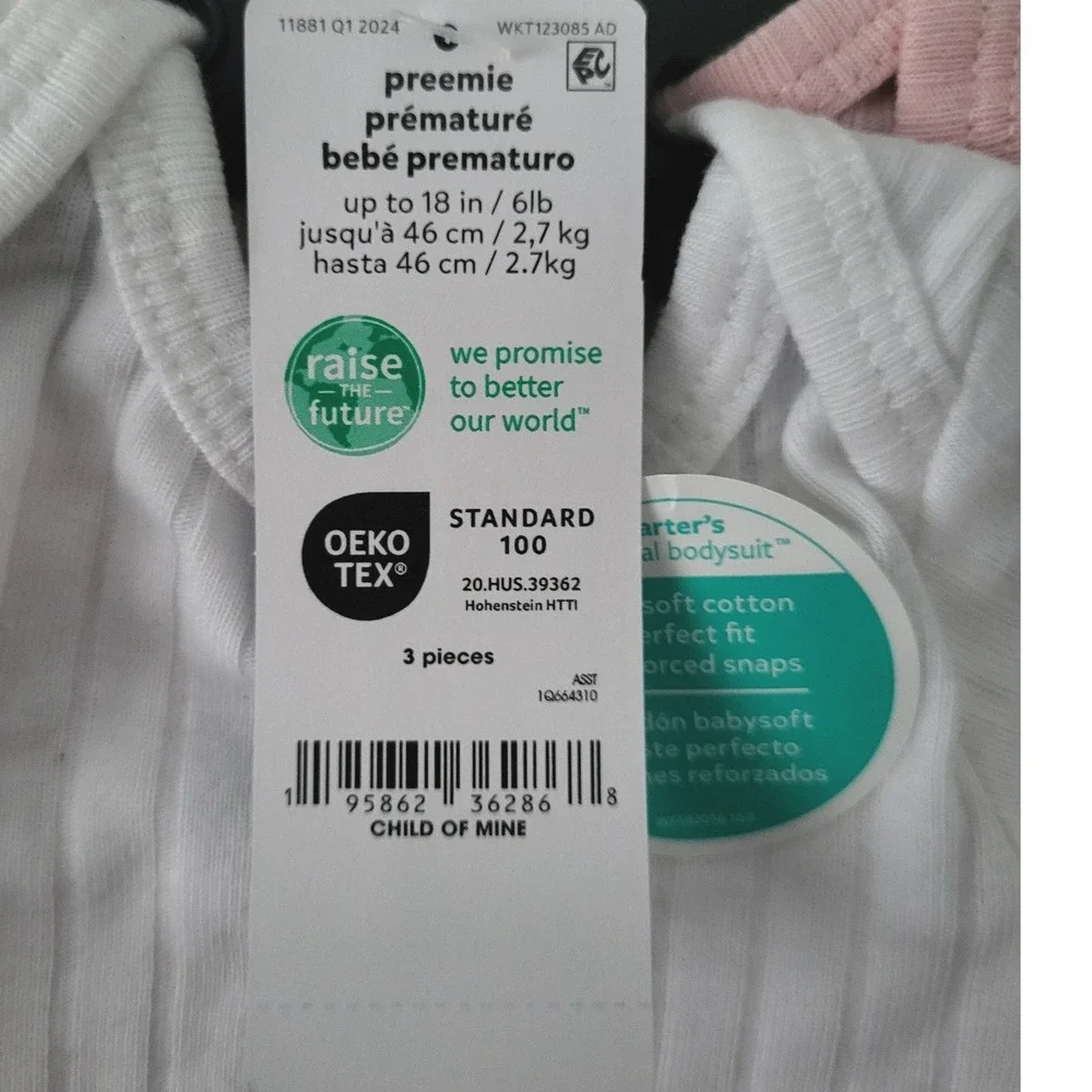 New Carter's Child of Mine Preemie Ribbed Bodysuit 3pc White Pink‎ Purple Nwt